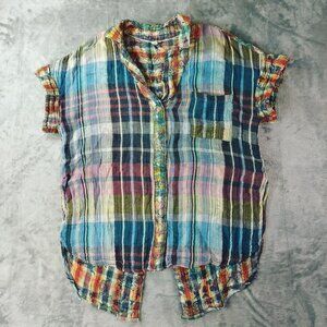 Pilcro Anthropologie Women’s Top XS‎ Multicolor Plaid Button Boho Crinkle Y2K
